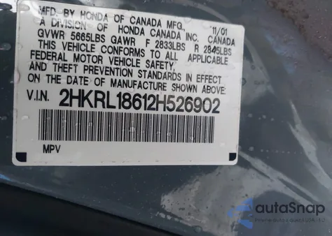 2002 Honda Odyssey Ex z USA, uszkodzony, nr VIN 2HKRL18612H526902